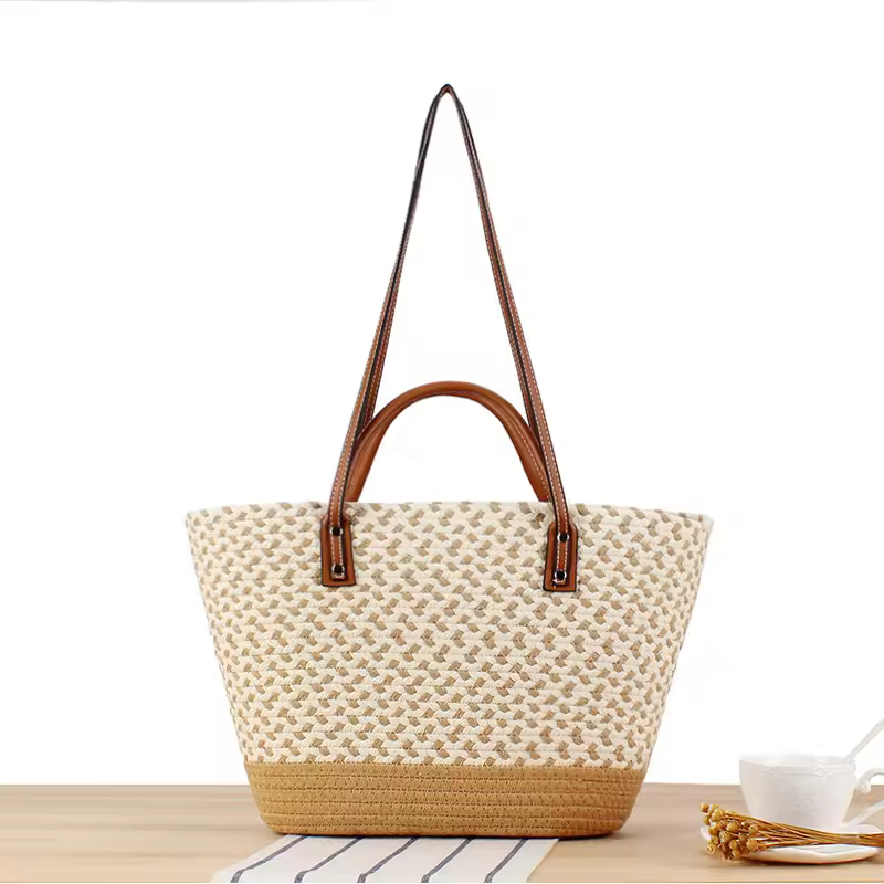 Women Straw Travel Beach Totes 2024 Summer Handmade Shoulder Bag With Leather Handles Custom Logo Wholesale Bulk Straw Bag