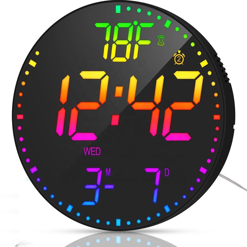 EMAF Christmas Gift Led Light 12" Home Modern Office RGB Colorful Large Digital Display LED Wall Clock for Living Room Decor