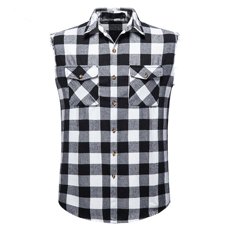 Hot Selling Wholesale Men's Casual Flannel Plaid Shirt Cotton Plus Size Tank Top Sleeveless Shirts