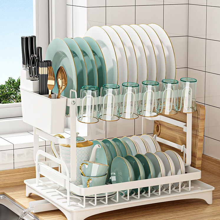 Removable 2-Tier Metal Kitchen Accessories Dish Rack Tool-Free Installation Drying Rack Dish Drainer with Sink and Tray