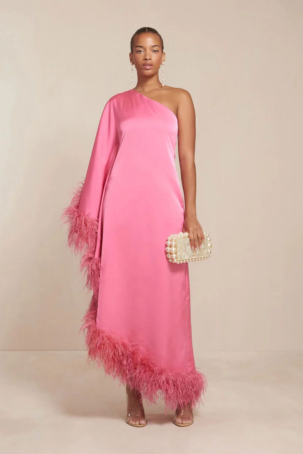 Luxury Gowns Women Evening Robe Dress One Shoulder Fur Ostrich Feather Long Silk Evening Dress