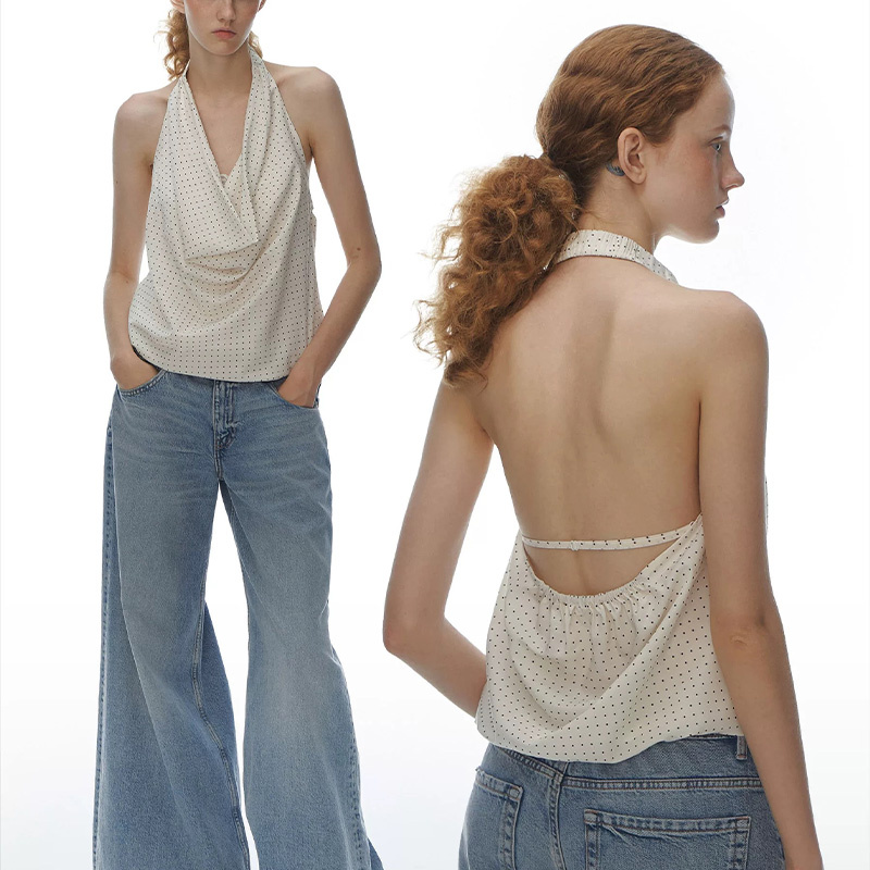 Anomaly Us Size Lady Halter Suspender DOT Print Slip Dress Sleeveless Backless Elegant Satin Top Women Blouse