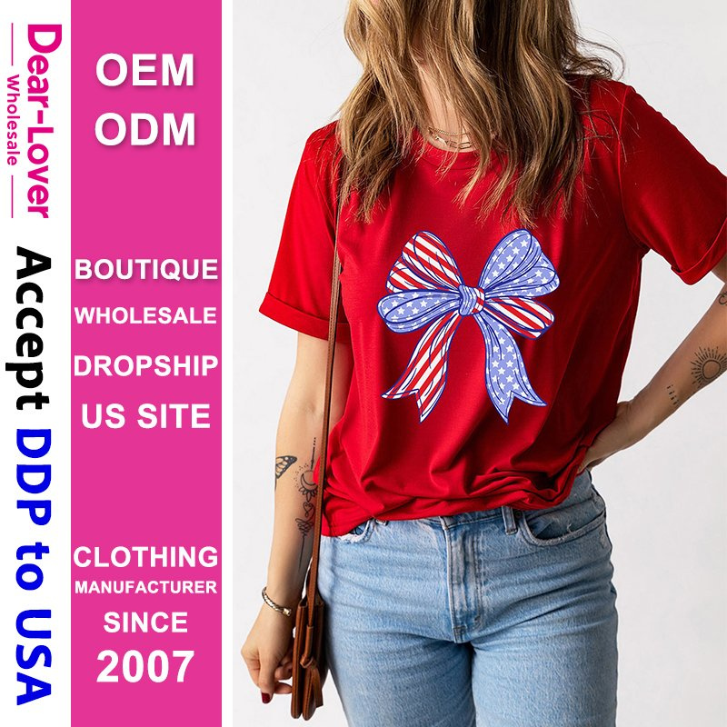 Dear-Lover Wholesale Dropshipping Boutique Clothing Women Manufacturers Red American Flag Bow Knot Print Crew Neck Casual Graphic Women T Shirt