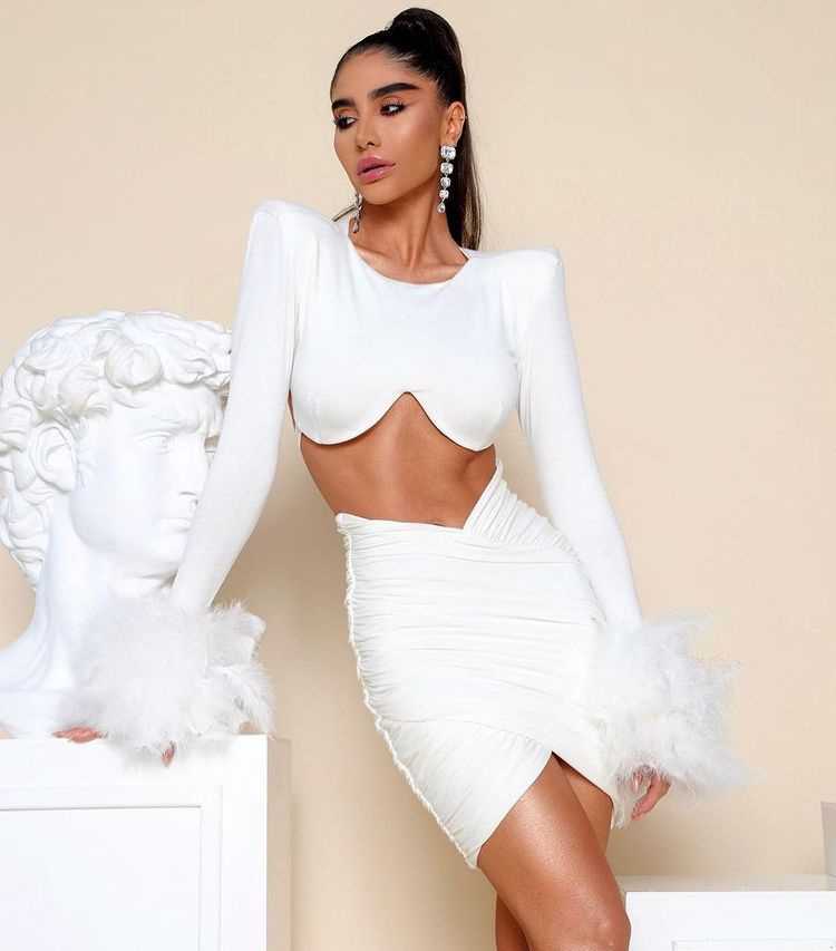 Women's 2 Piece Skirt Sets Sexy Backless Long Sleeves Feather Dress Mini Dress