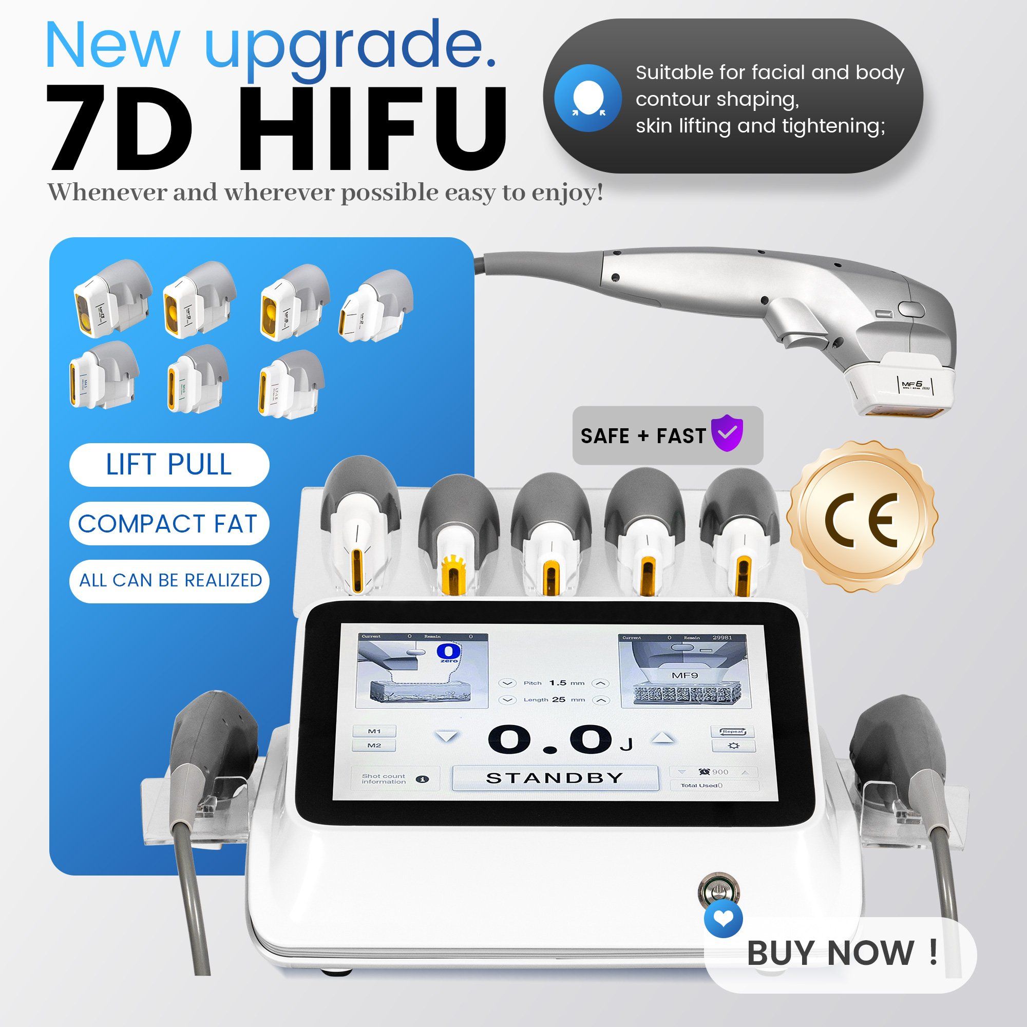 Professional Portable Ultrasound Focused Face Lifting 7D Hifu Beauty Machine 7 Cartridges 2 Handles Smas Facial Lift Body Slim Anti Wrinkle