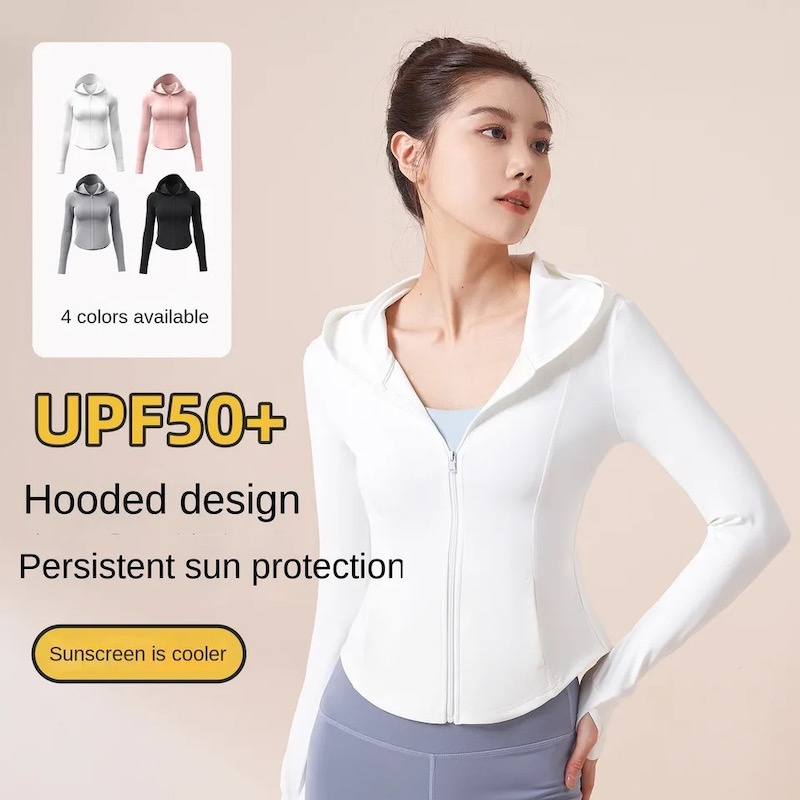 New Summer Upf50 UV Protection Long Sleeve Yoga Activewear Coat with Thumb Holes, Anti-UV Outdoor Sun Protective Hooded Hiking Fishing Athletic Jacket for Women