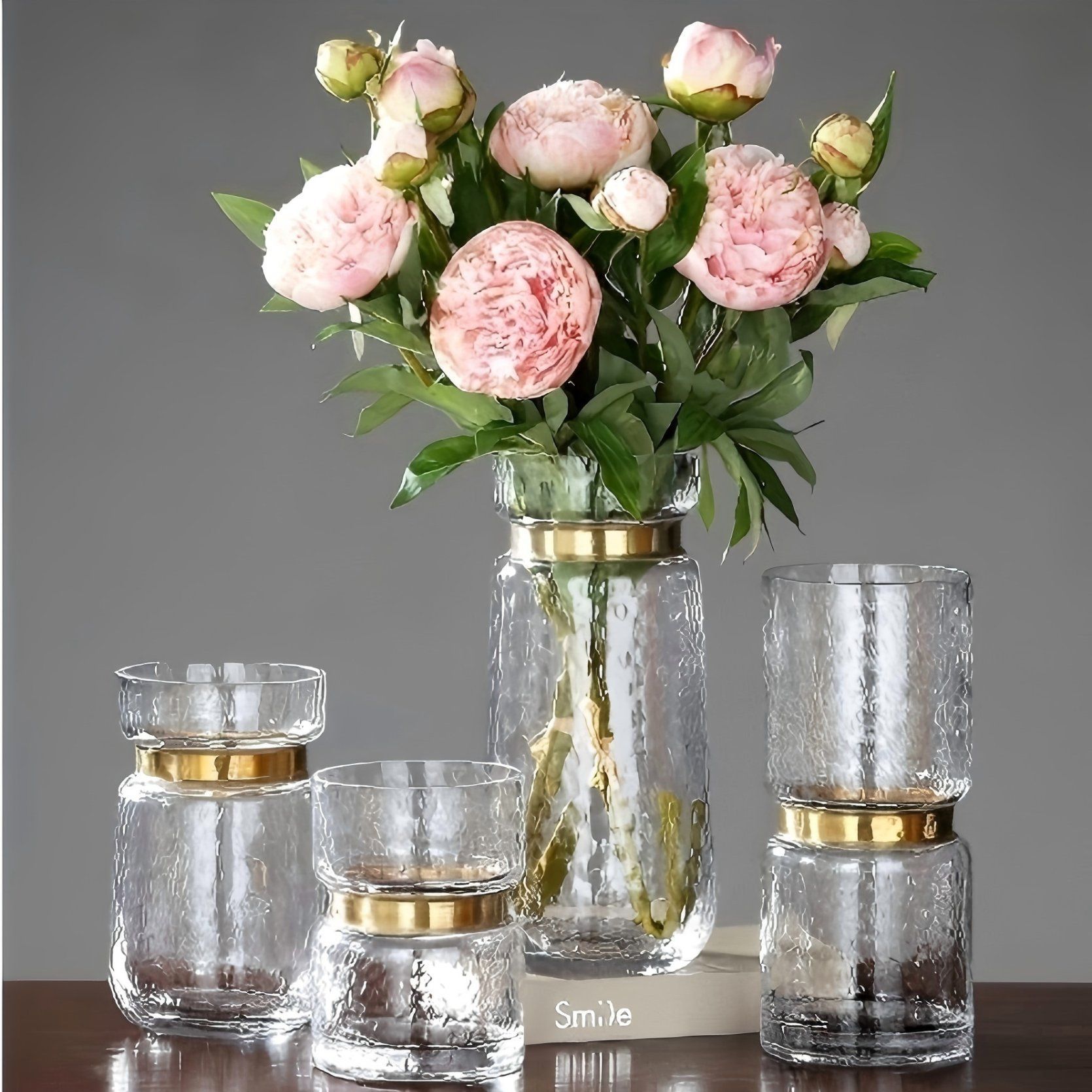 Mouth Blown Nordic Glass Flower Vase for Home Decor with Brass Neck