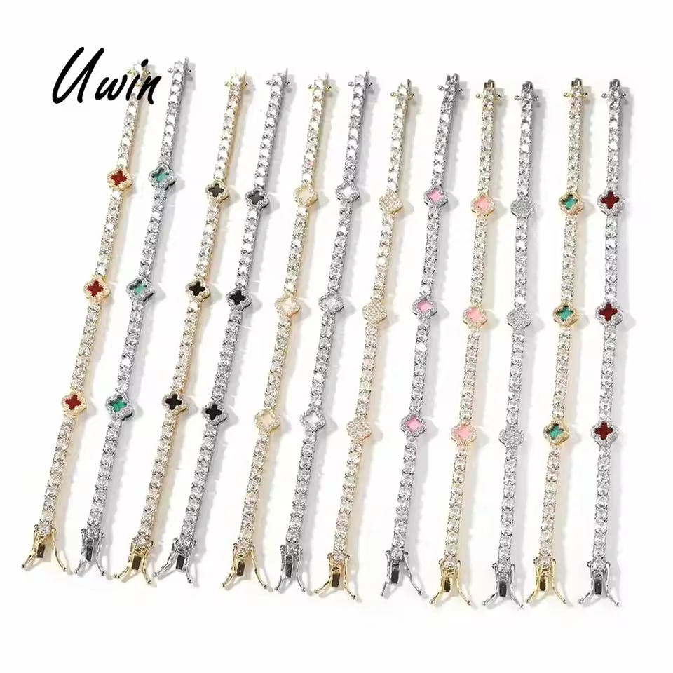 Uwin Pink Clover Tennis Chain Bracelet 18k Gold Plated Natural Stone 4 Leaf Lucky Jewelry With Bling Stones Femeinas Jewelry