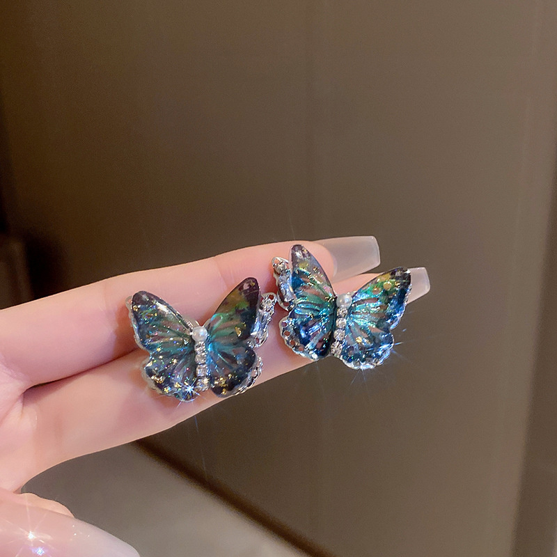 Silver Needle Sweet Flower Butterfly Pearl Tassel Earrings Fashion Trend Earrings Temperament Premium Feeling Earrings