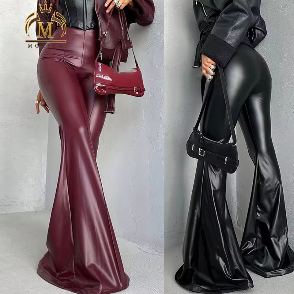 Spring Fall Women Leggings Sexy Stretch Pu Slim Flared Pants Ladies Sexy Women Fit Pu Leather Flared Pants Bottoms Female