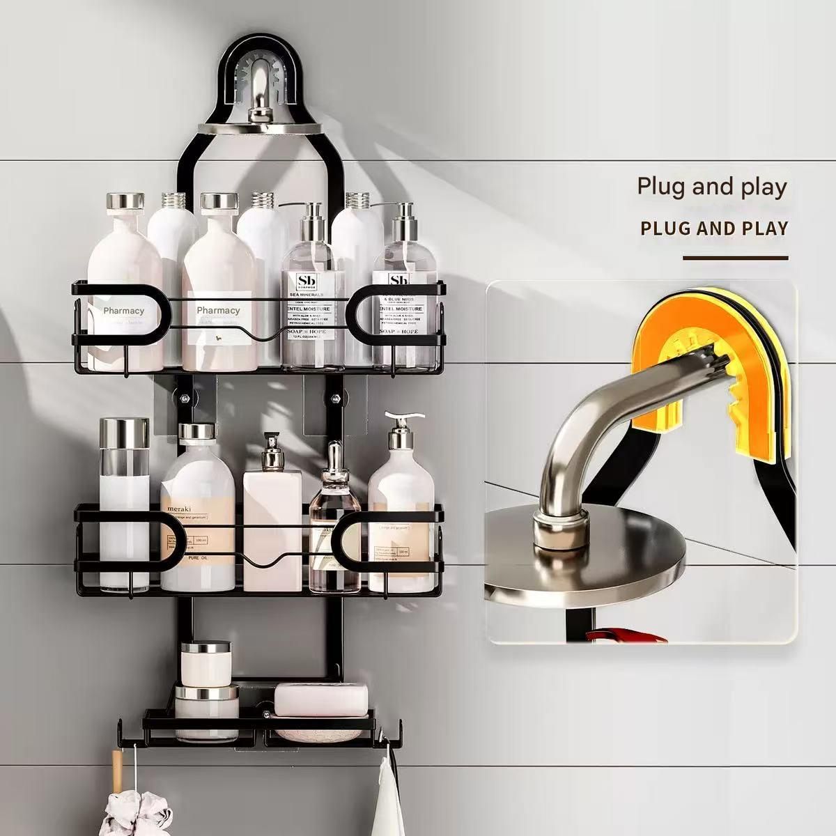 Bathroom Hanging Over Shower Head Shower Caddy Shelf Organizer with Removable Basket/Soap Holder