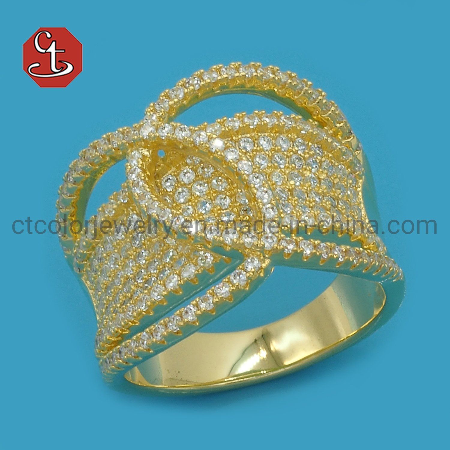 Gold Color Pave Clear Cubic Zirconia Twisted Bar Charming Women Fashion jewelry CZ Ring