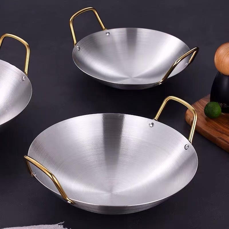 Stainless Steel Wok - Double Handle Round Bottom Pan