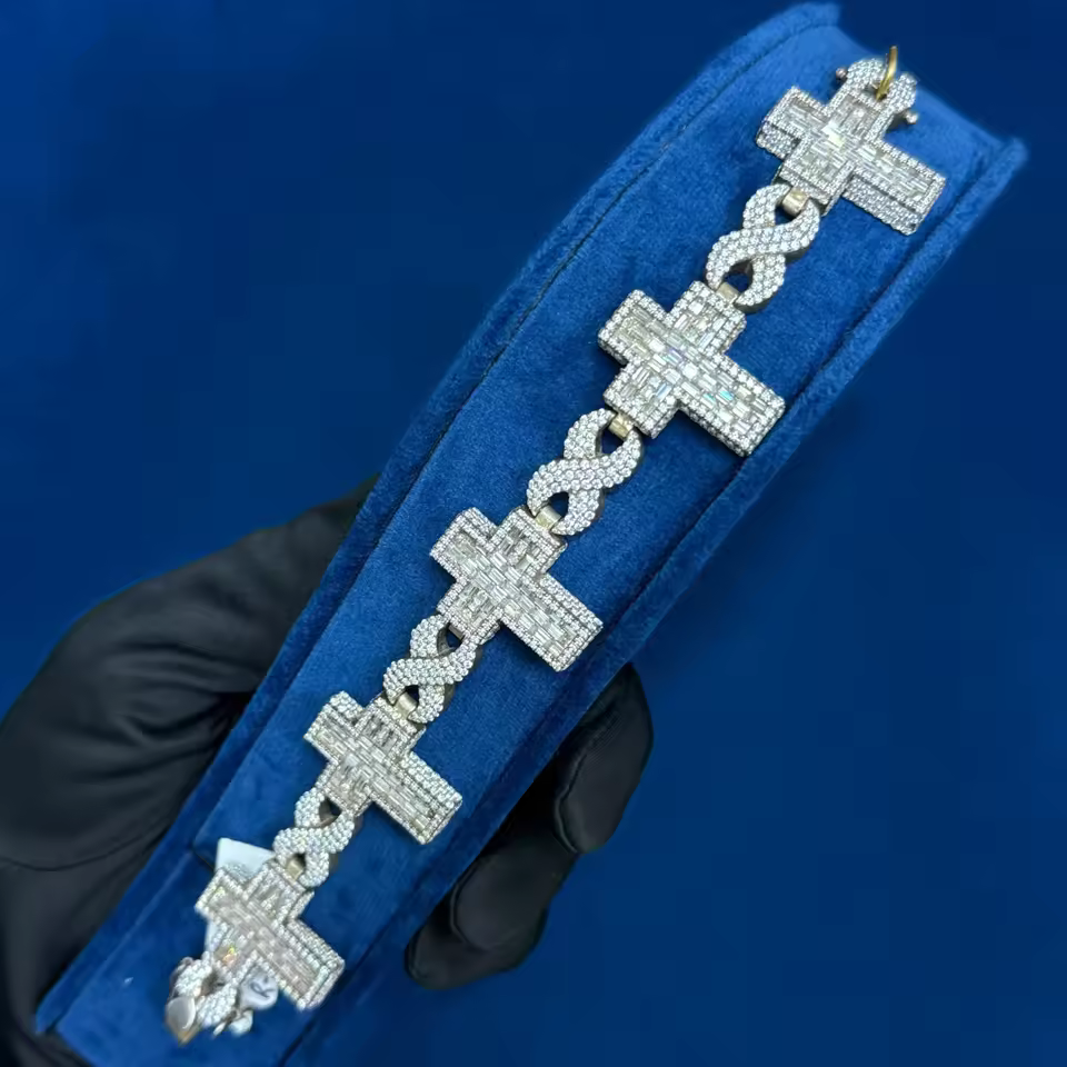 Top Demanded Moissanite Diamond 925 Sterling Silver Infinity Cross Hip Hop Cuban Bracelet Iced Out Bling Jewelry At Low Price