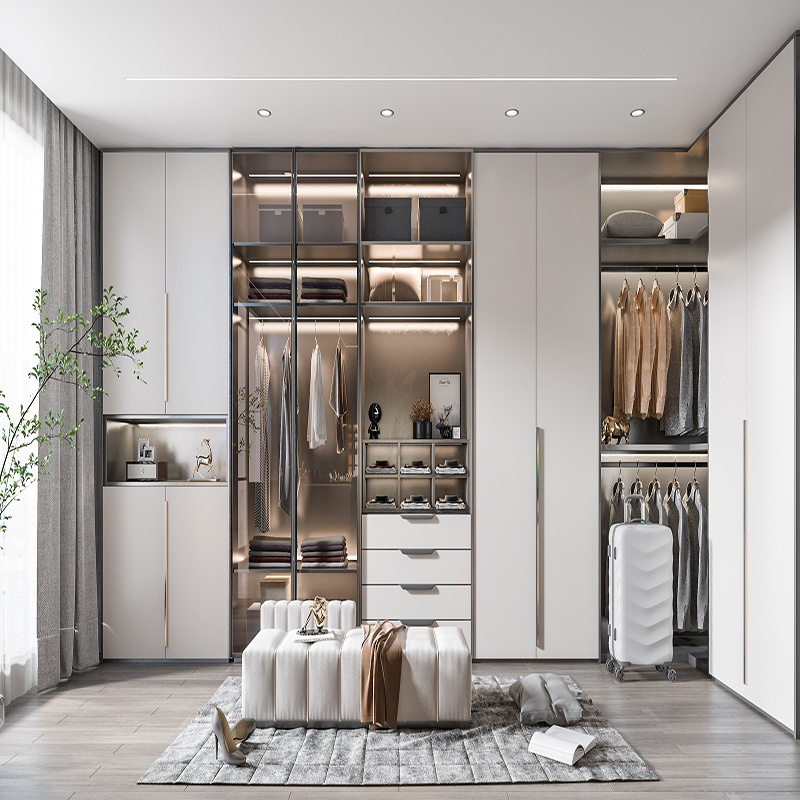 Latest Chinese White Luxuy Bedroom Home Soft Closing Hinge MDF Modular Walk in Wardrobe Closet with Night Bedside