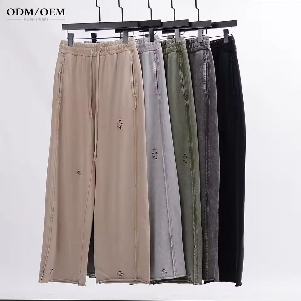 Vintage Spring Acid Wash Distressed Men's Straight Sweatpants Loose Fit Cotton Cargo Pants Baggy Style Oem Service