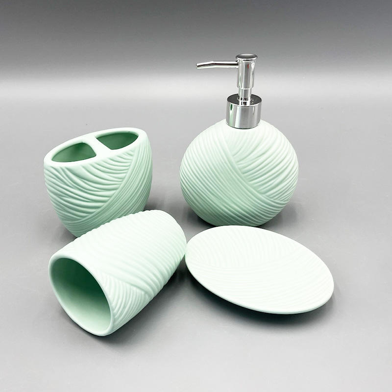 Square Shape Green Ceramic 4PCS Bathroom Accessory Set with Display Tray