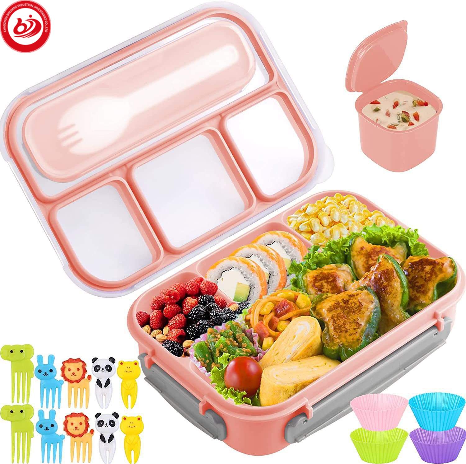 4 Compartments Proof Sealed Portable Plastic Silicone Microwave Safe Bento Lunch Tray Box for Kids School Students with Cutlery