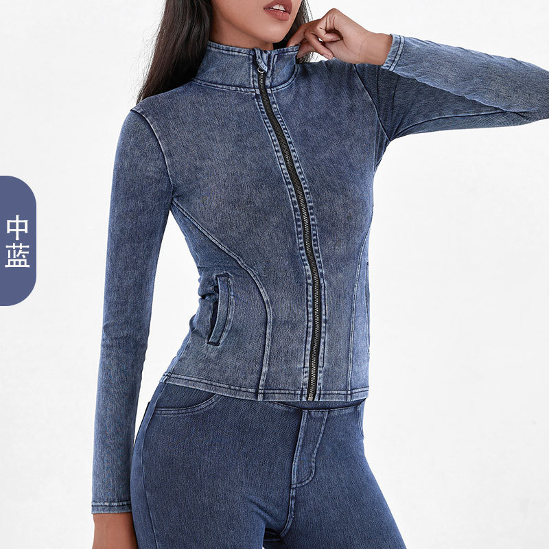 Ladies New Knitted Denim Jacket Zippered Yoga Jacket Ladies Slim Tight High Collar Double Pockets Fitness Outerwear Top