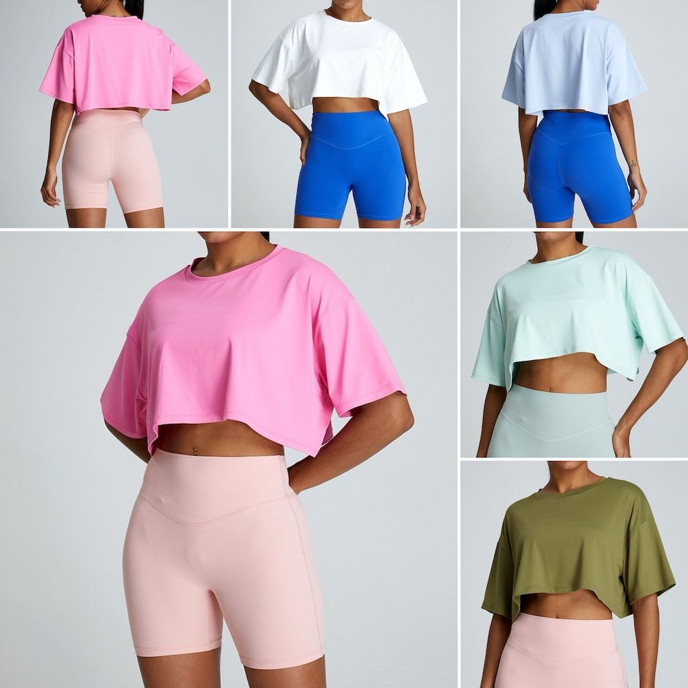 Factory Hot Selling Loose Fit Crop T-Shirts Summer Athletic Clothes Short Sleeve Cropped Athletic Pullover Tops Round Neck Casual Workout Yoga Tees for Women
