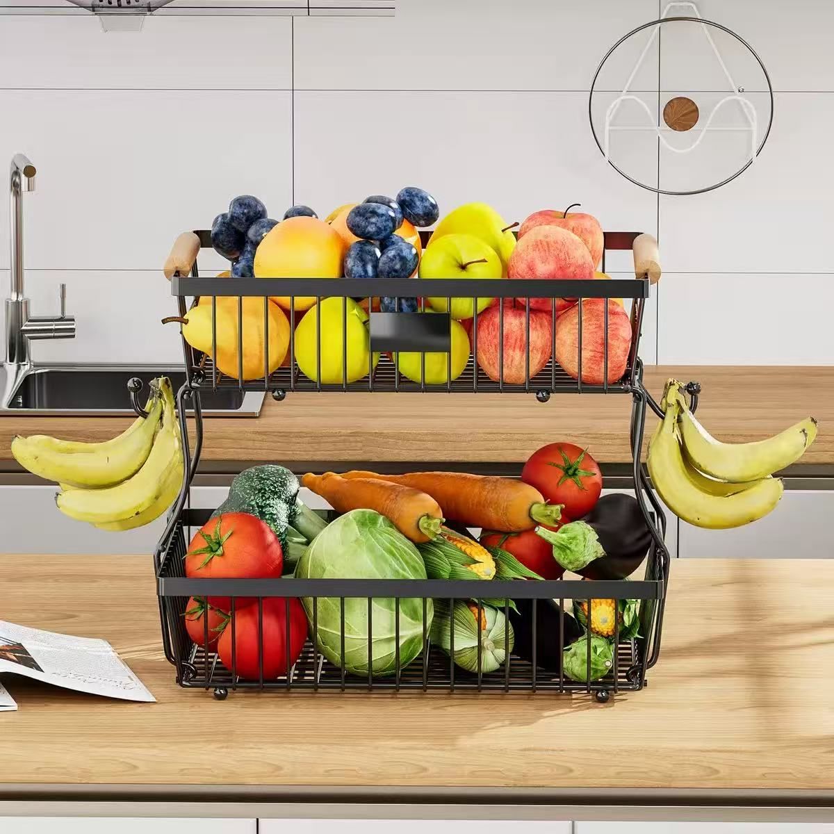 Modern Double Layer Metal Wire Fruit Basket Countertop Kitchen Organizer Fruit and Vegetable Storage Box with Banana Hanger