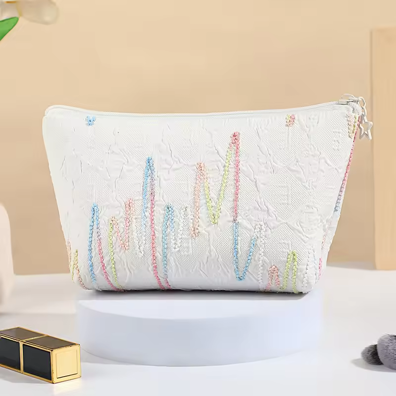 Canvas Embroidery Logo Style Ready To Ship Big Capacity Zipper Closure Style Ins Lovely Cosmetic Makeup Pouch