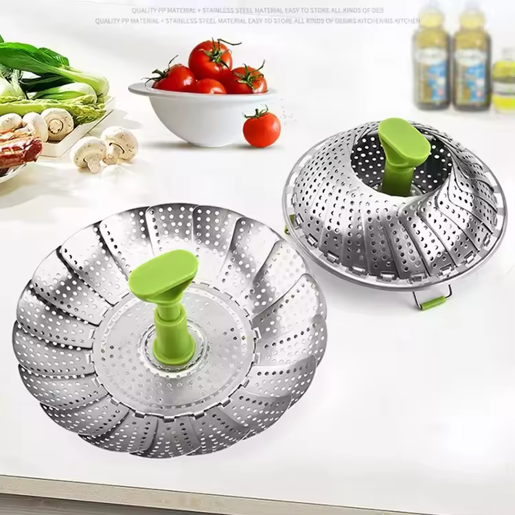 Best Selling Oem Foldable Vegetable Steamer Basket Large Stainless Steel And Bamboo Folding Steamer For Home Food Steaming