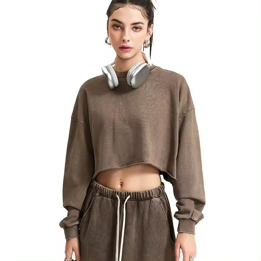 Women Outdoor Loose Comfortable Soft Cropped Washed Running Sweatshirt Hoodies