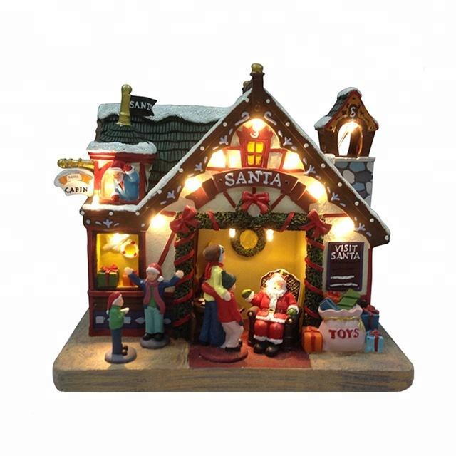Polyresin LED Musical Santa Toyshop Village House Model Christmas Ornament with Xmas Scene