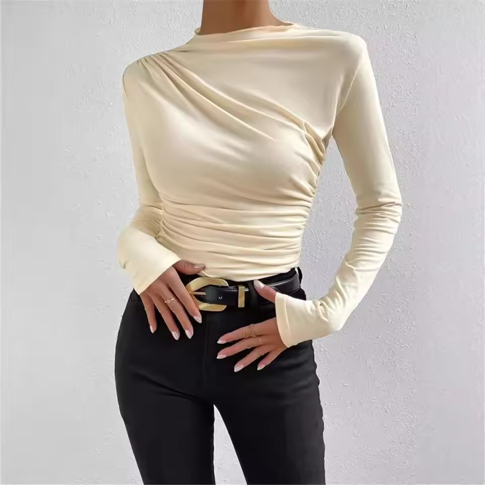 Low Moq Women's Long Sleeve T-shirts Daily Life Casual Solid Color Slim Fit Versatile Pleated Design O-neck T Shirt Top