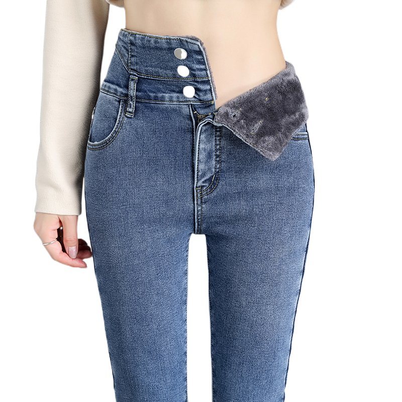 Ladies Casual Denim Thick Velvet Fleece Lined Skinny Jeans Women