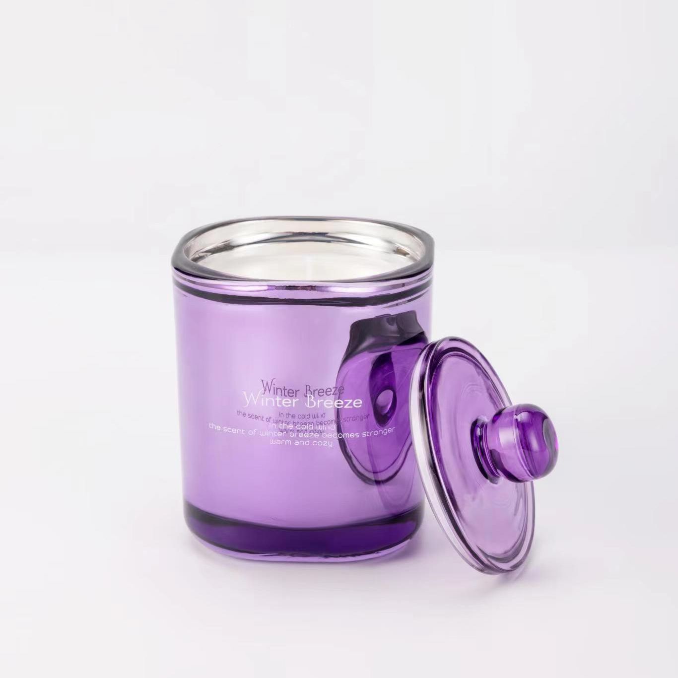 Purple Home Decor Wedding Use Wholesale Private Label Modern Colorful Glass Cup Holder Vessel Jar Scented Candle with Lid