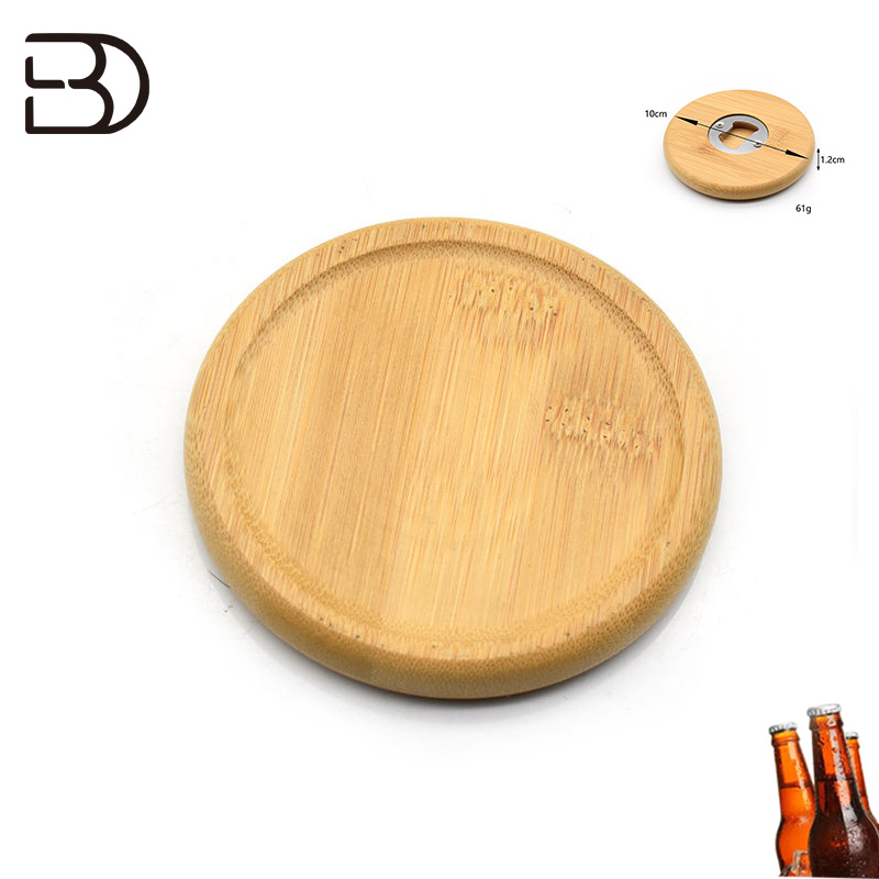 Laser Engraving Logo Round Bamboo Wedding Coasters with Bottle Opener for Drinks