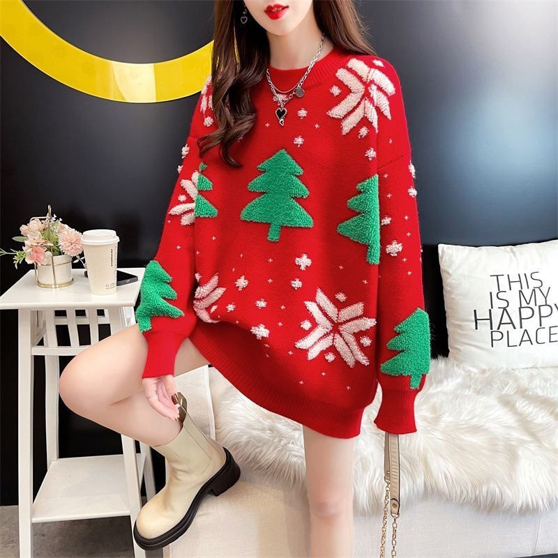 New Red Christmas Jumper Female Lazy Wind Loose Outer Korean Knitted Jumper Jacket Tops Thickened