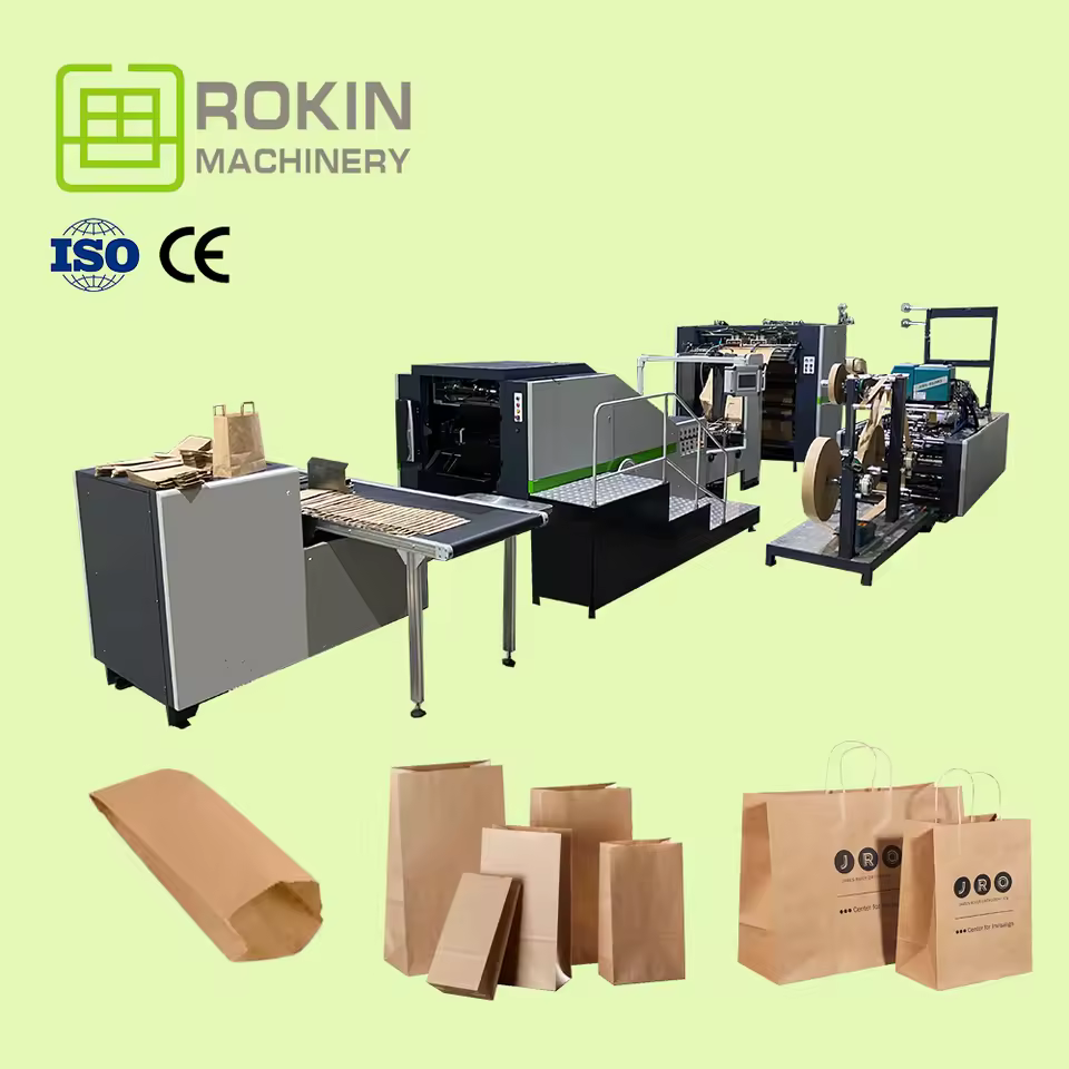 Rokin Brand Square Bottom Paper Bag Making Machine Ready Ship Flat Handle Used For Kraft Paper Shopping Food For Retail Farm
