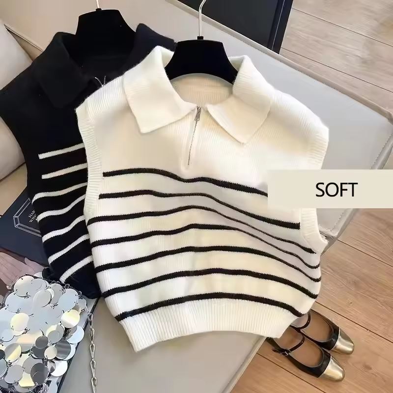 Sleeveless Sweater And Casual Minimalist Women Pullover Tank Daily Women's Retro Collar Zippered Striped Knit Vest
