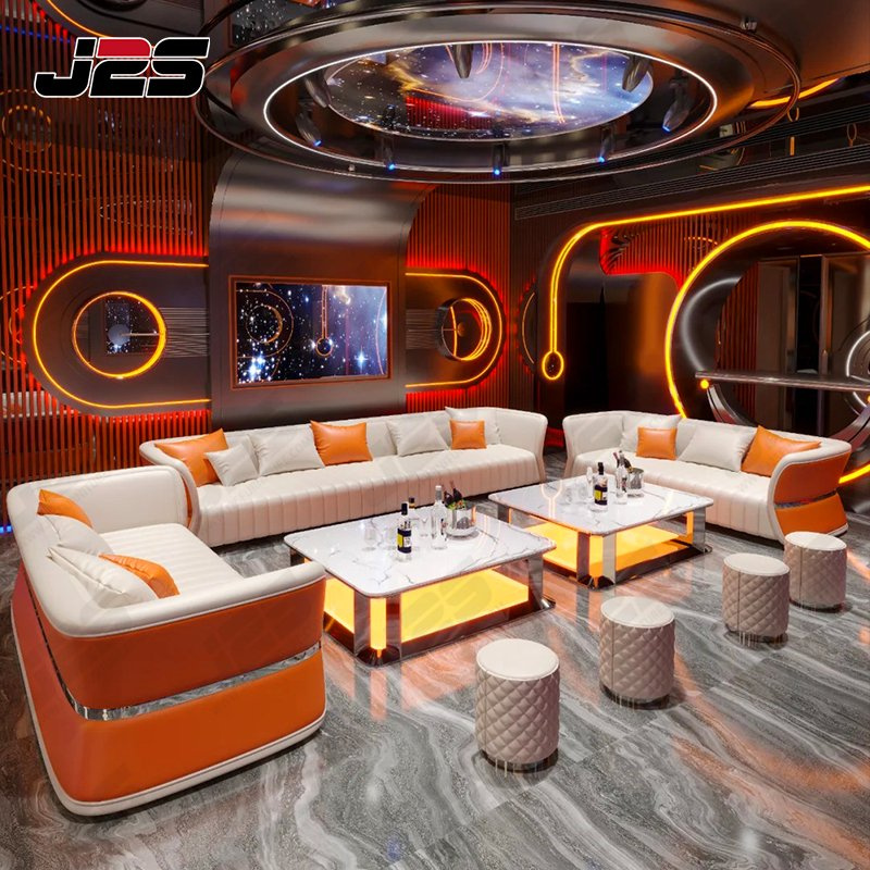 J2s Luxury KTV Club Furniture Set with Leather Sofas Marble Coffee Tables and Ottomans for Nightclub Lounge
