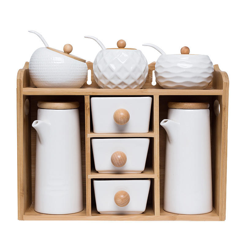Bulk Kitchen Spice Container Set with White Ceramic Jars and Rack