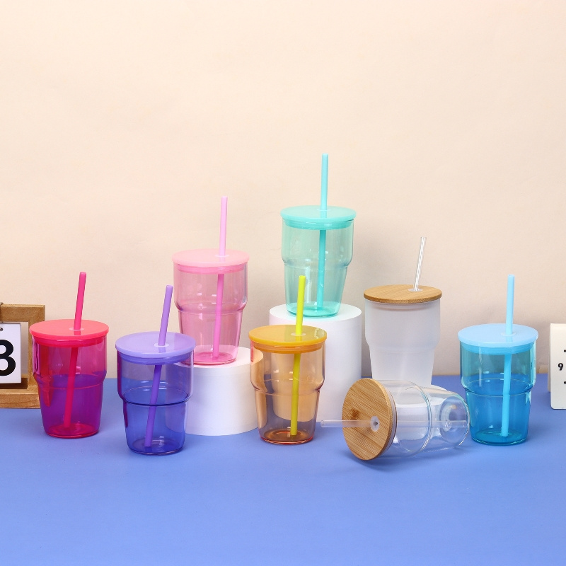 12oz Jelly Color Clear Mini Shot Glasses Sublimation Glass Tumbler Cup with Lid and Plastic Straw