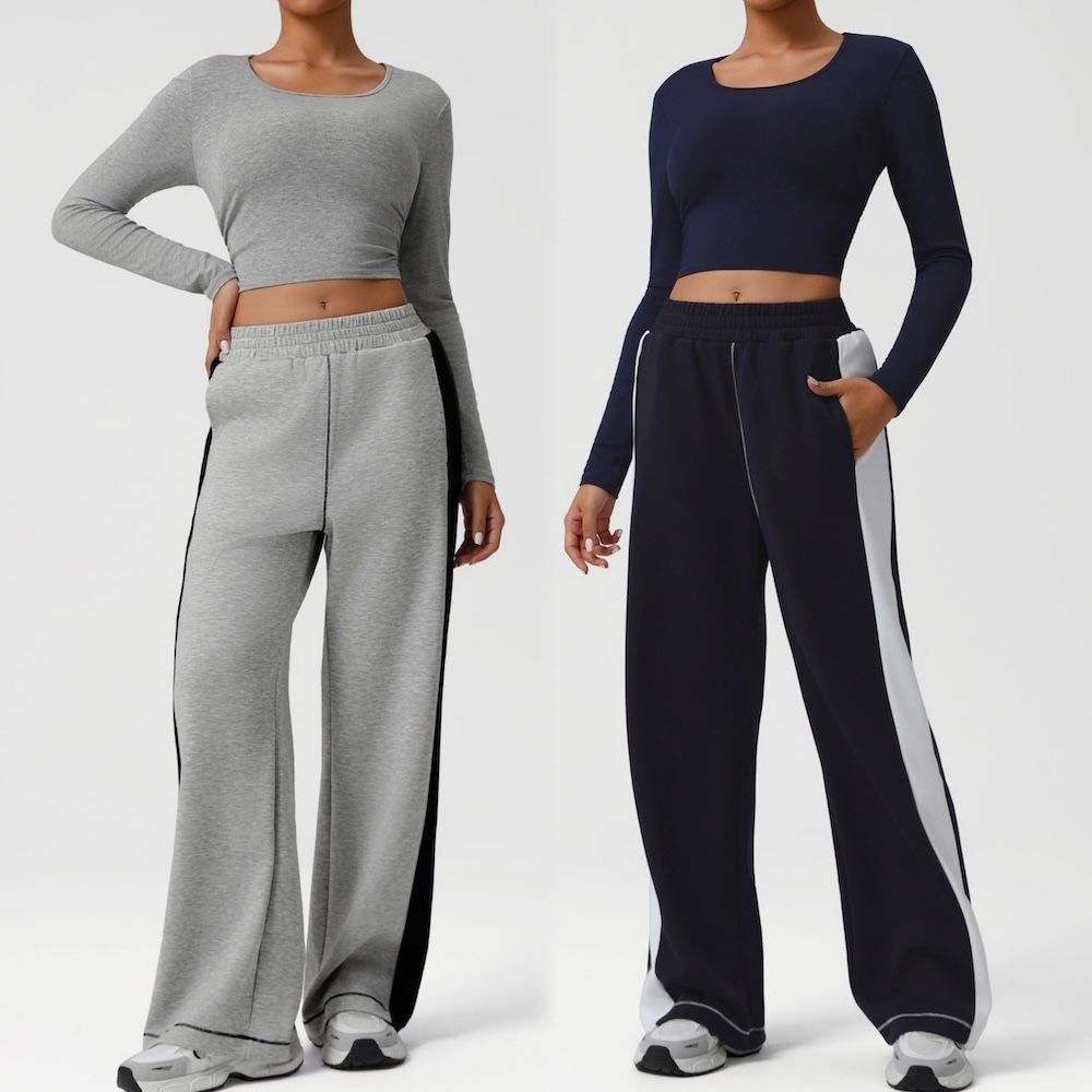 Factory New Design 2PCS Lifestyle Sweatsuits for Women, Long Sleeve Basic Cropped Sweatshirts + Loose Fit Sweatpants with Side Strip Athletic Casual Clothing