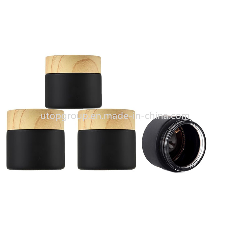 Stock Cosmetic Matte Black Glass Cream Jar with Plastic Bamboo Wooden Grain Lid 5g 15g 20g 30g 50g 100g