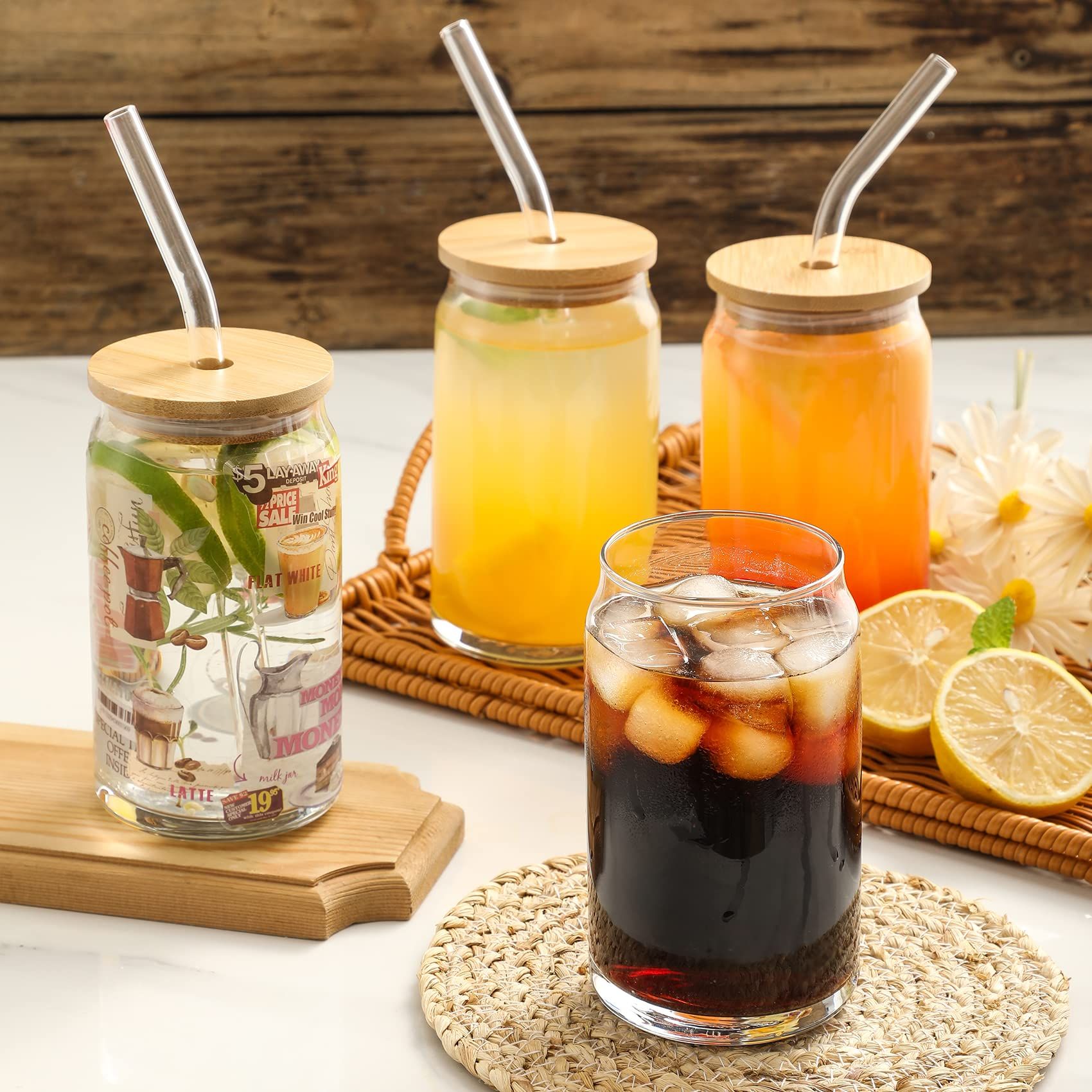 Glass Cups with Bamboo Lids and Glass Straw-Beer Can Drinking Glasses, 16 Oz Iced Coffee Glasses, Cute Tumbler Cup for Smoothie, Boba Tea, Whiskey, Water