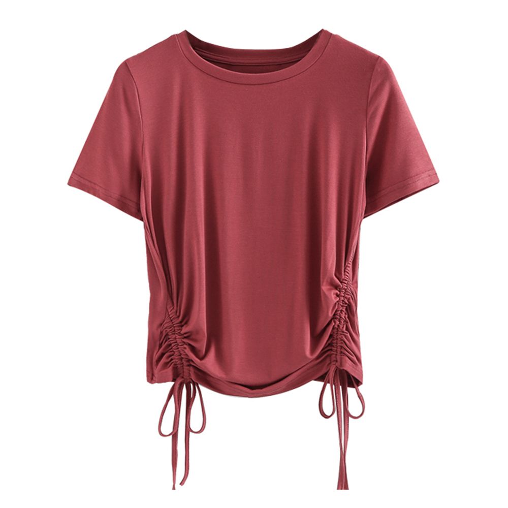 Fama Women's Round Neck Drawstring Slim Fit Tee Stretchy Crop Tops