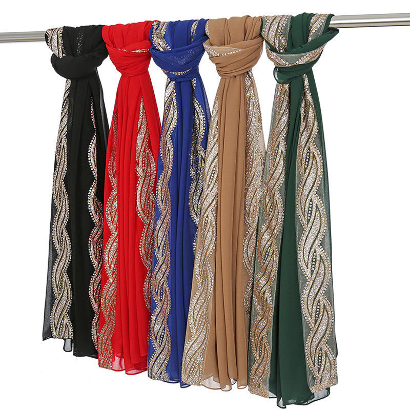 Hot Stamping Shiny Monochrome Silk Gold Sprinkled Women 8-Character Chiffon Turban Lady Hijab