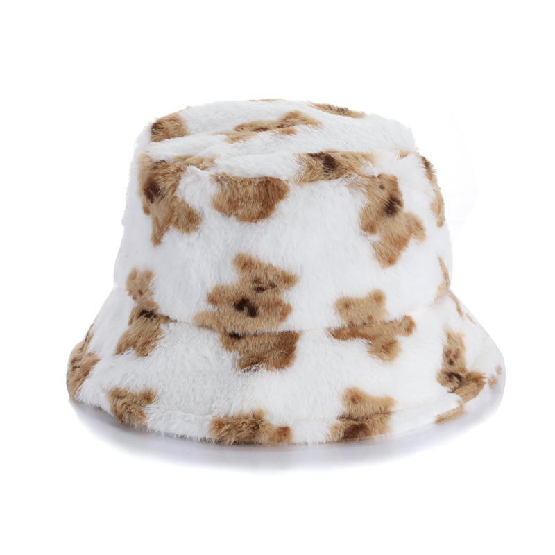 Plush Bear Print Fisherman Hat Fashion Retro Female Winter Warm Basin Cap Bucket Hats