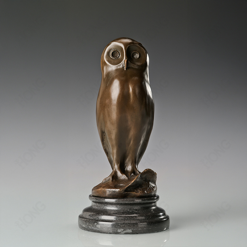Bronze Owl Statue Standing on a Marble Base for Home Decoration