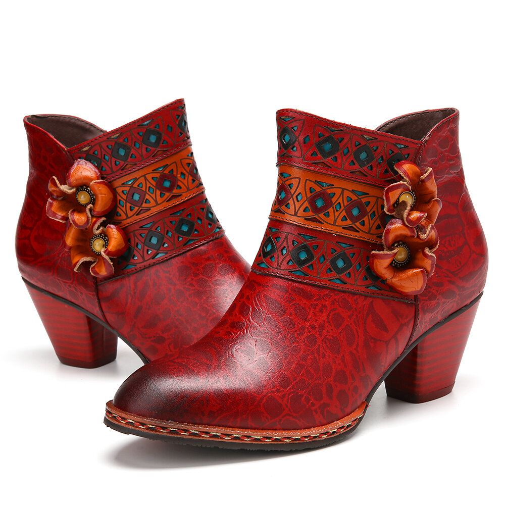 Bohemian Fashion Genuine Leather Shoes Flower Buckle Ankle Boots