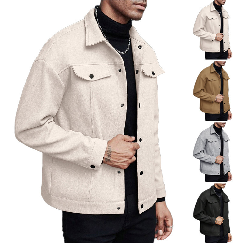 Men's Fashionable Winter Autumn Blazer with Turned-up Collar Woolen Casual Sporty Jacket