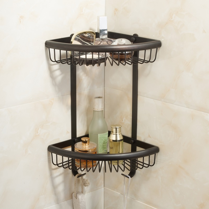 Dual Tiers Orb Wall Mount Brass Shower Shelf Hanging Bathroom Corner Shelf