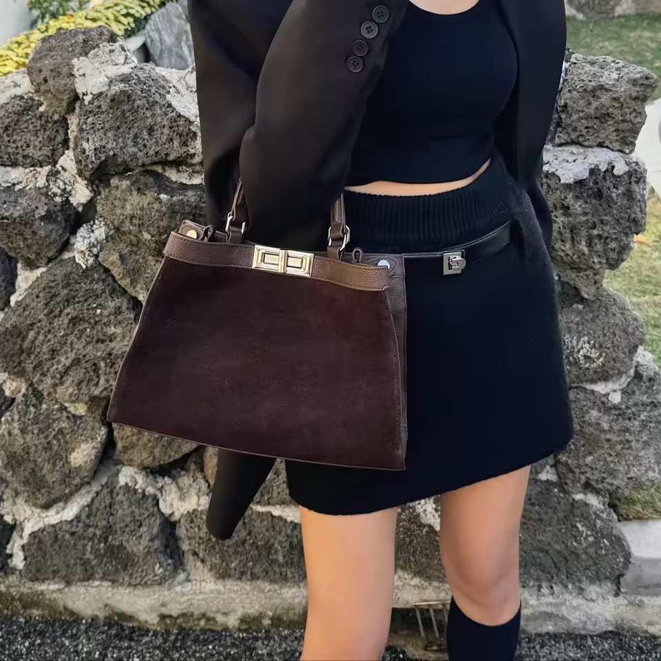 Women's Simple Fashion Large Capacity Crossbody Tote Handbag Genuine Leather Suede Open Closure Polyester Lining Solid Color